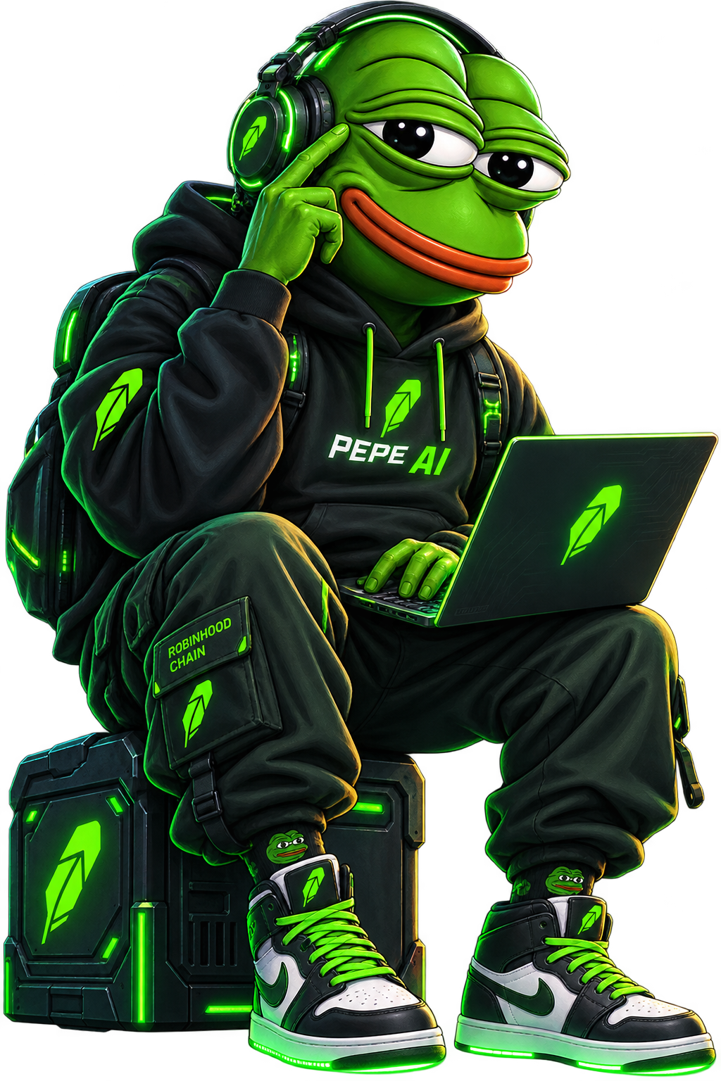 Pepe AI cyber frog on Robinhood Chain workstation